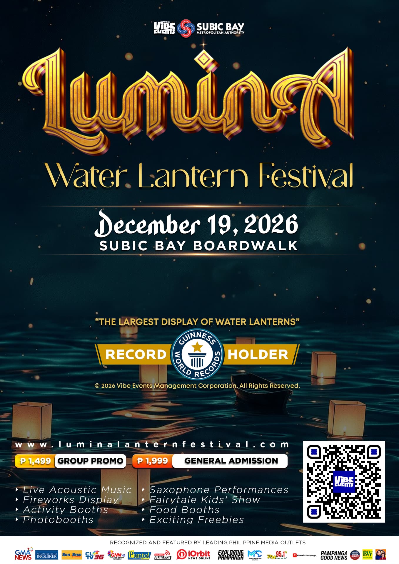 Official LUMINA Water Lantern Festival poster — December 19, 2026 at Subic Bay Boardwalk, Guinness World Records holder for the largest display of water lanterns