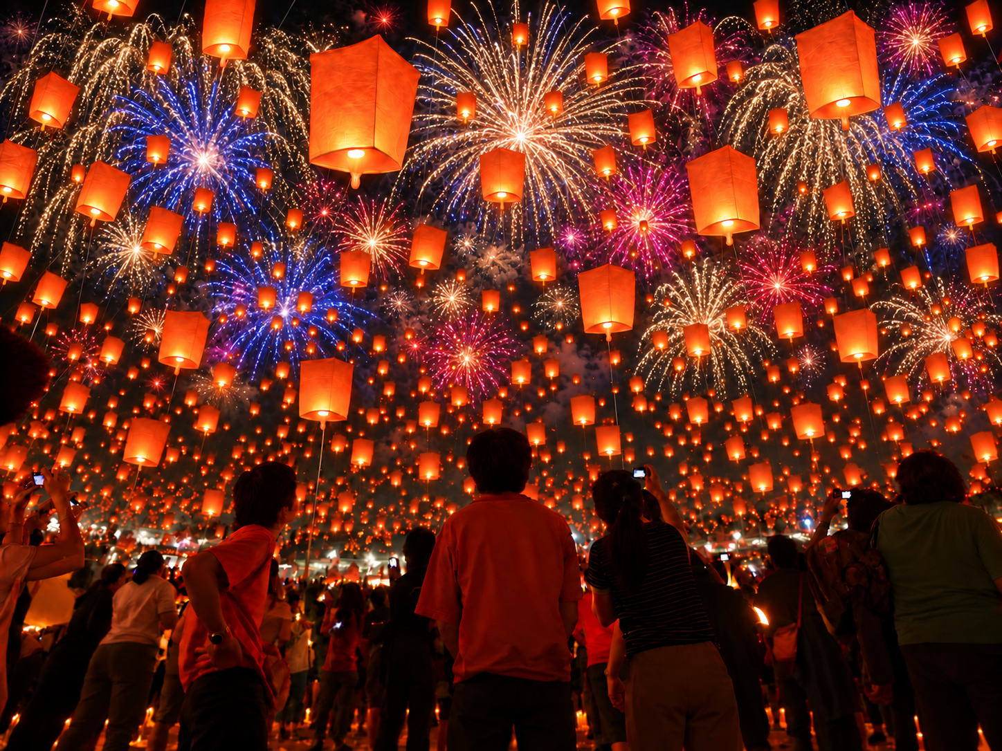 A sea of glowing sky lanterns and fireworks filling the night sky above the festival crowd