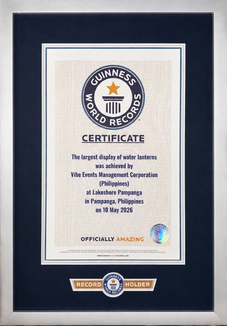 Guinness World Records certificate for the largest display of water lanterns, awarded to Vibe Events Management Corporation