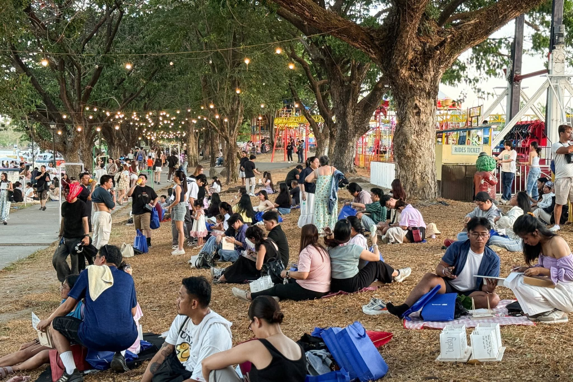 Families picnicking under fairy lights before the lantern release