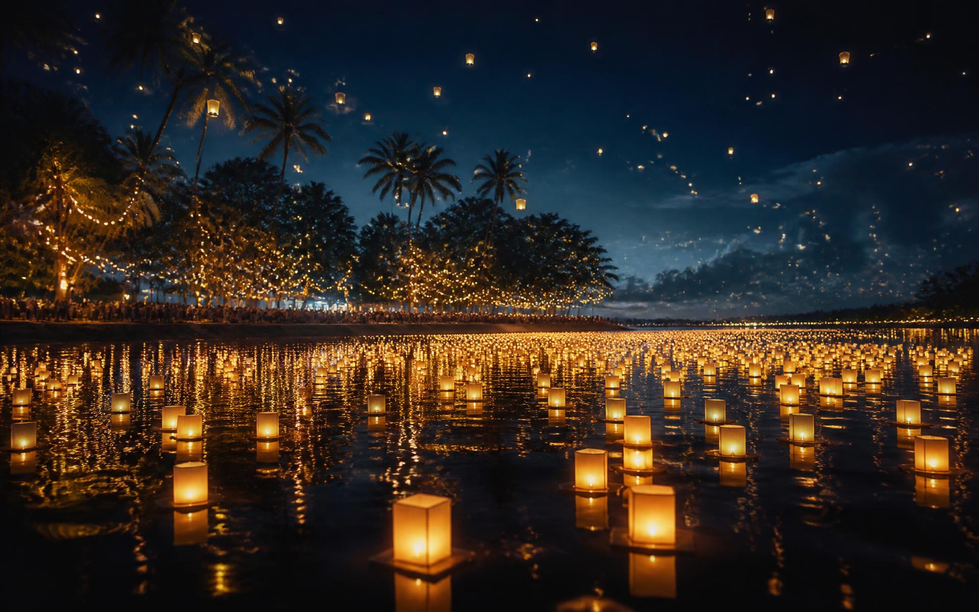 Thousands of glowing water lanterns floating on the water
